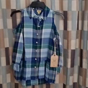 FINAL PRICE NWT TRUE CRAFT shoulder cut-out l/s blue/green plaid blouse L